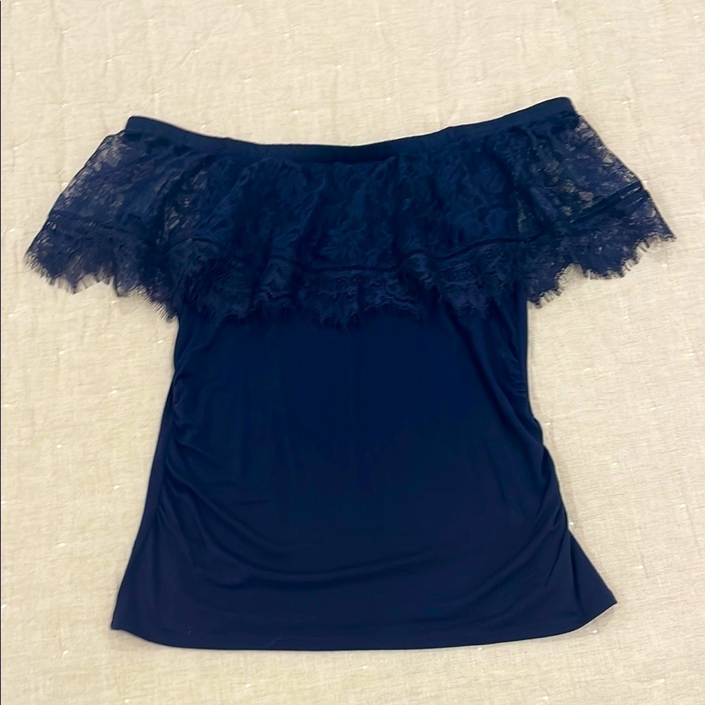 White House Black Market Navy Off-Shoulder Lace Blouse